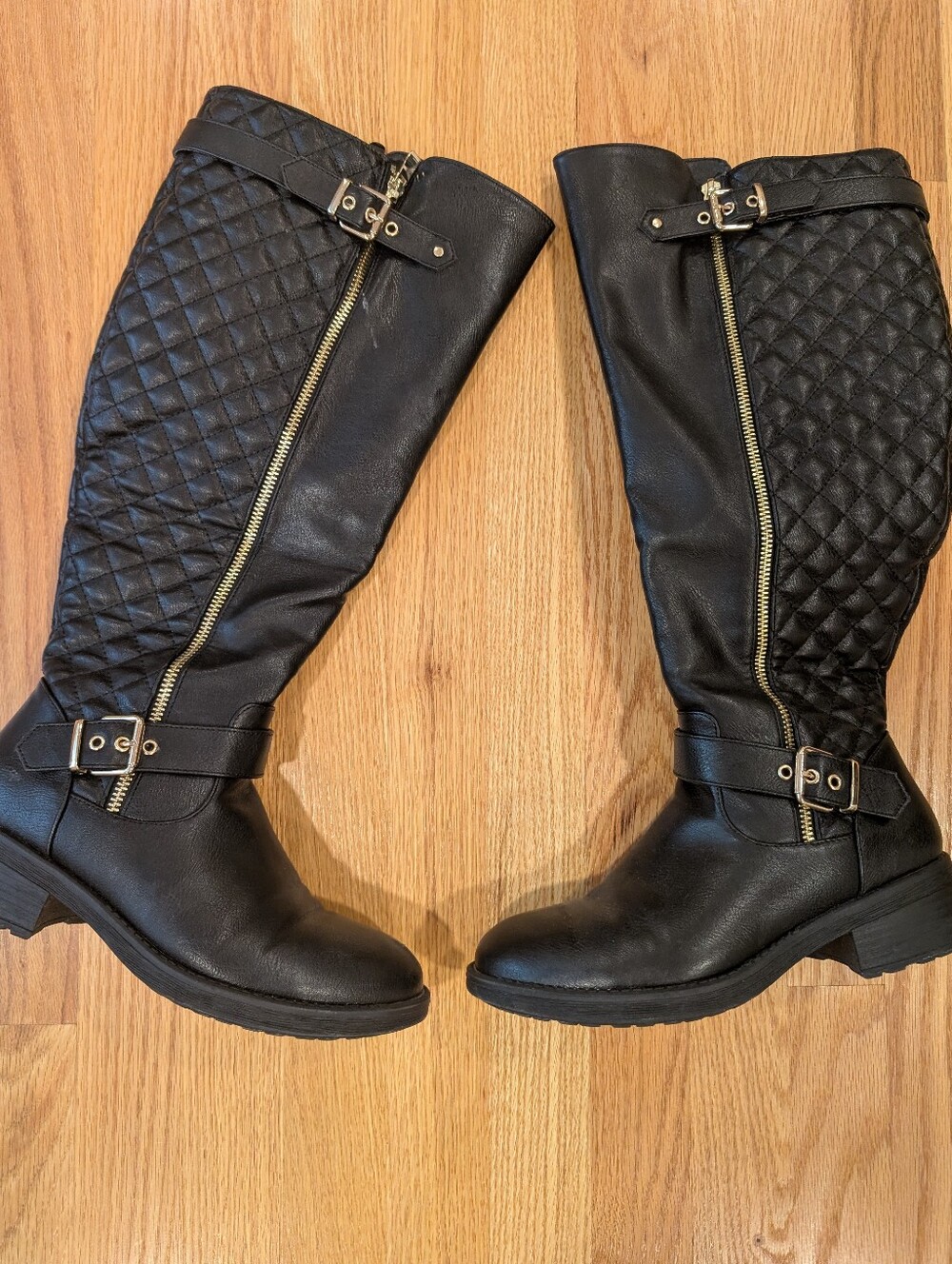 Black Size 8 Zip-Up Quilted Knee High Boots W/Gold Embellishments